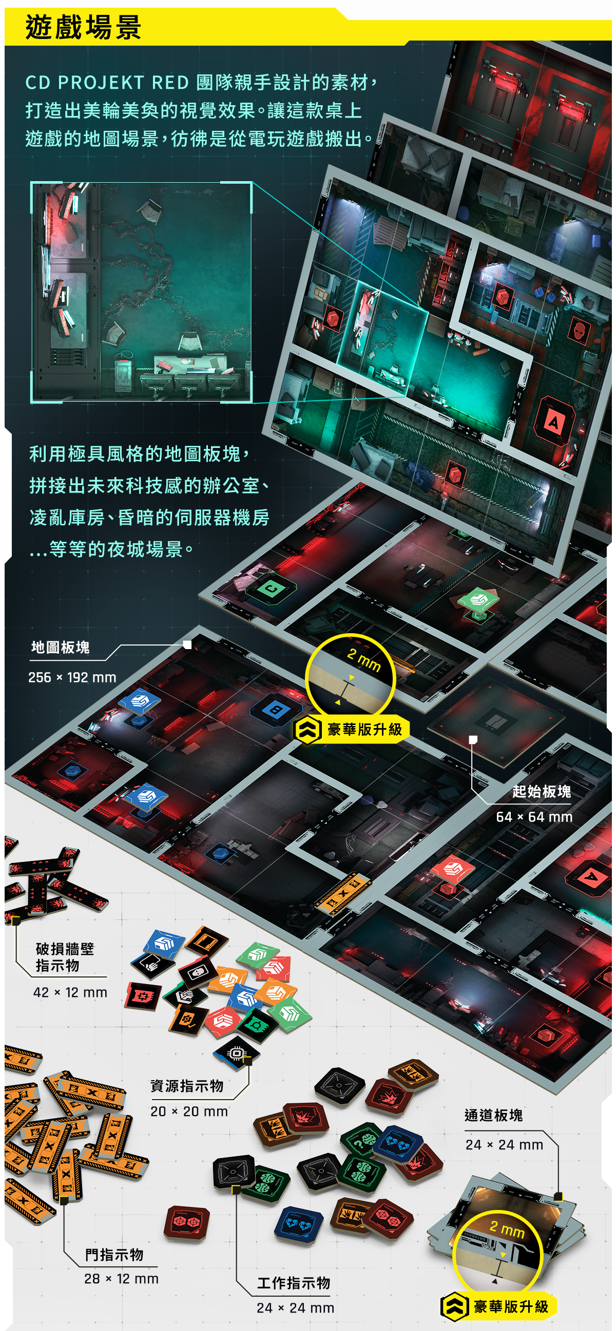 遊戲場景CD PROJEKT RED 團隊親手設計的素材， 打造出美輪美奐的視覺效果。讓這款桌上 遊戲的地圖場景，彷彿是從電玩遊戲搬出。利用極具風格的地圖板塊， 拼接出未來科技感的辦公室、凌亂庫房、昏暗的伺服器機房...等等的夜城場景。