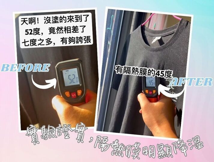 使用日本皇家液態玻璃隔熱膜後，玻璃表面溫度從52°C顯著下降至45°C。