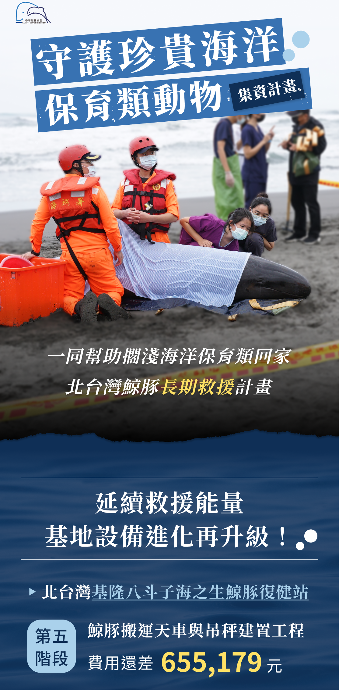 最後1小時！ 救援鯨豚行動經費告急中 • 北台灣基隆八斗子海之生鯨豚復健站 第五階段 鯨豚搬運天車與吊秤建置工程費用還差 1,670,505元