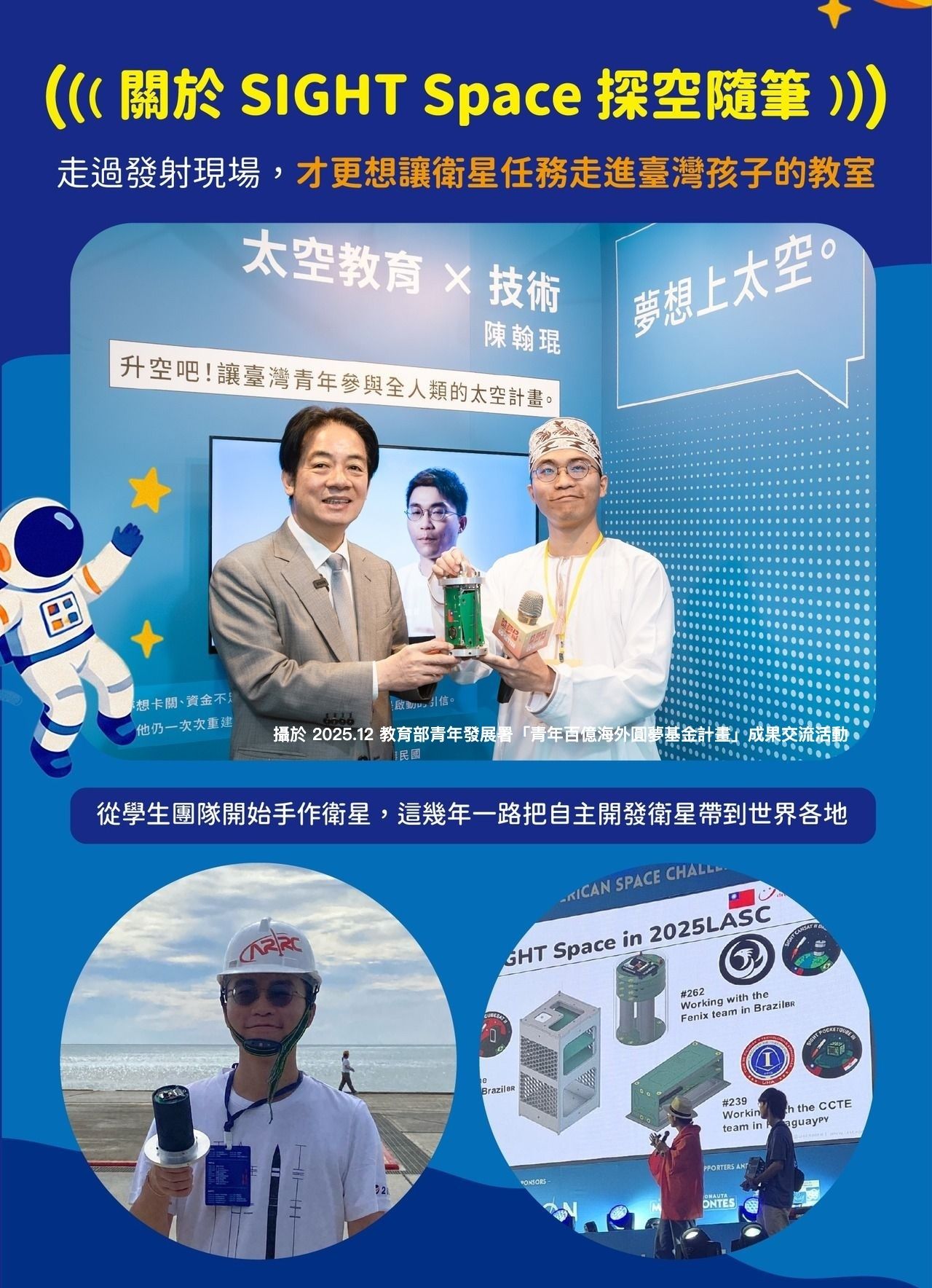 關於 SIGHT Space 探空隨筆團隊介紹;合照攝於 2025 年 12 月教育部青年發展署青年百億海外圓夢基金計畫成果交流活動